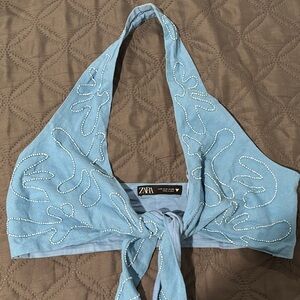 Zara Light Blue Embroidered Crop Top